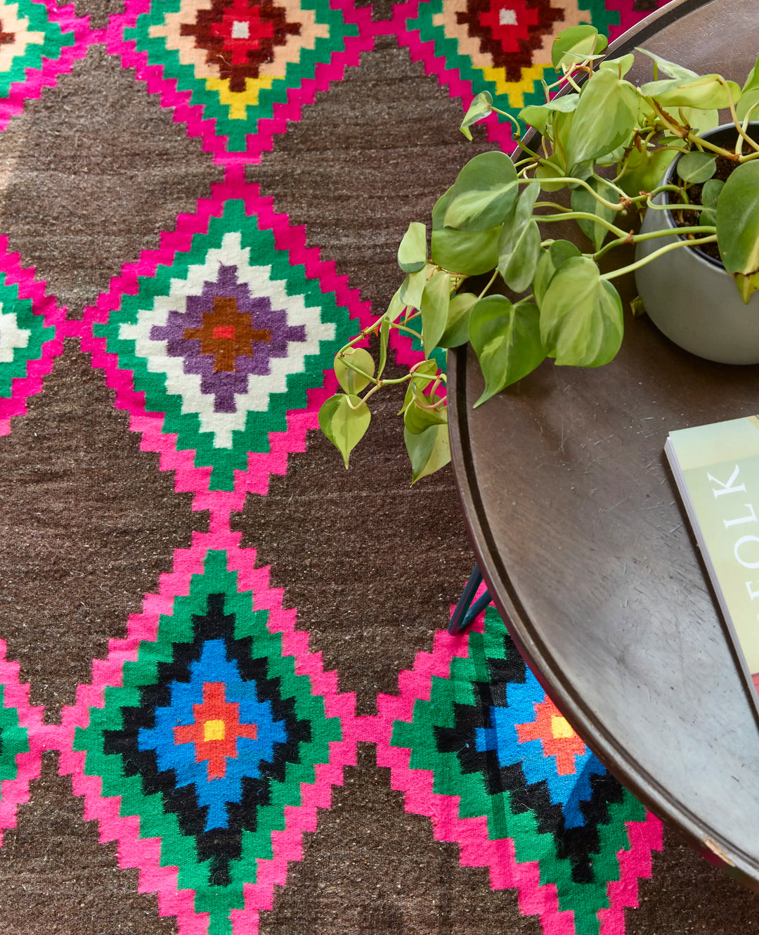 Multicoloured diamond berber rug with table on top and plant